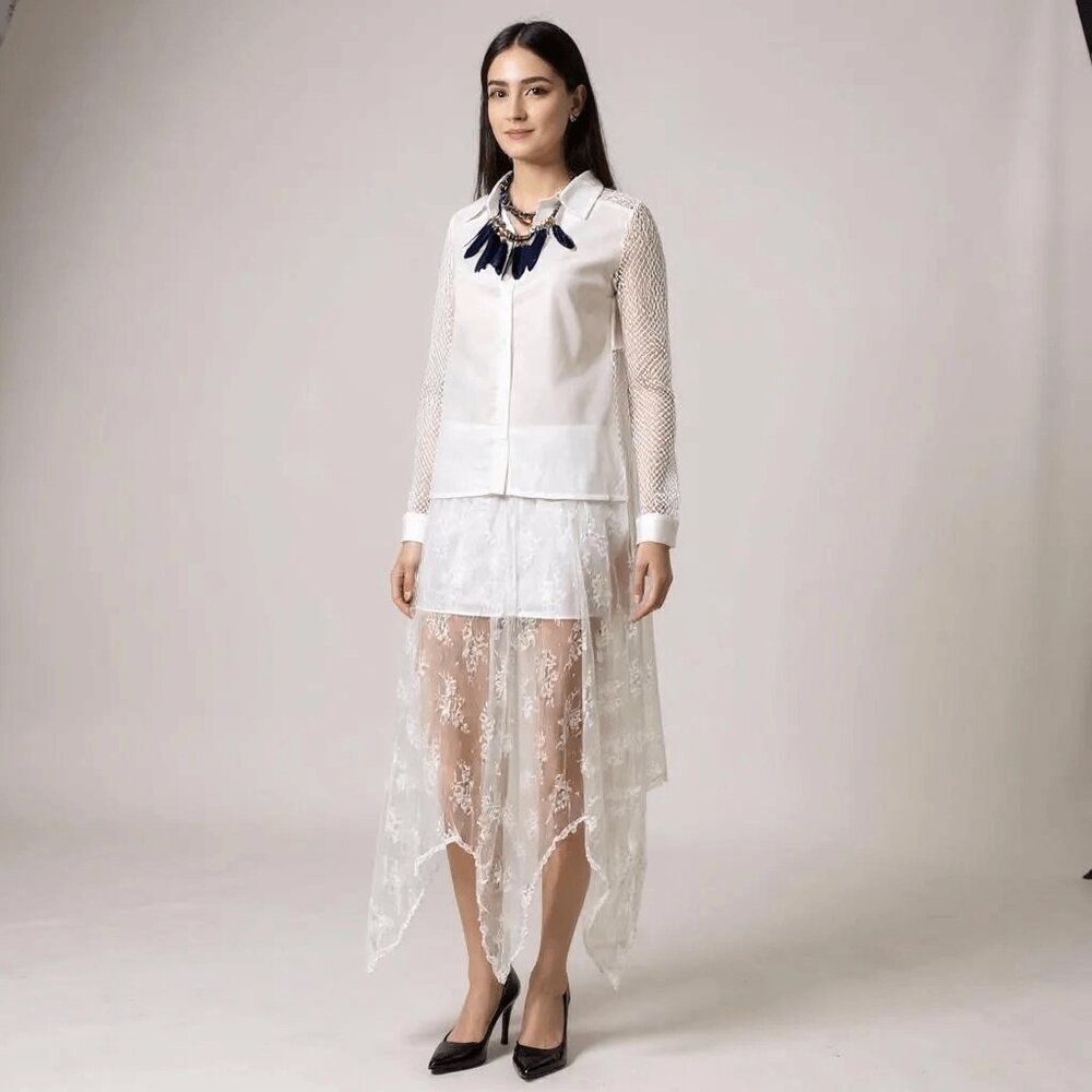 White Floral Lace Overlay Asymmetrical Uneven Maxi Skirt NEW - Picture 3 of 3